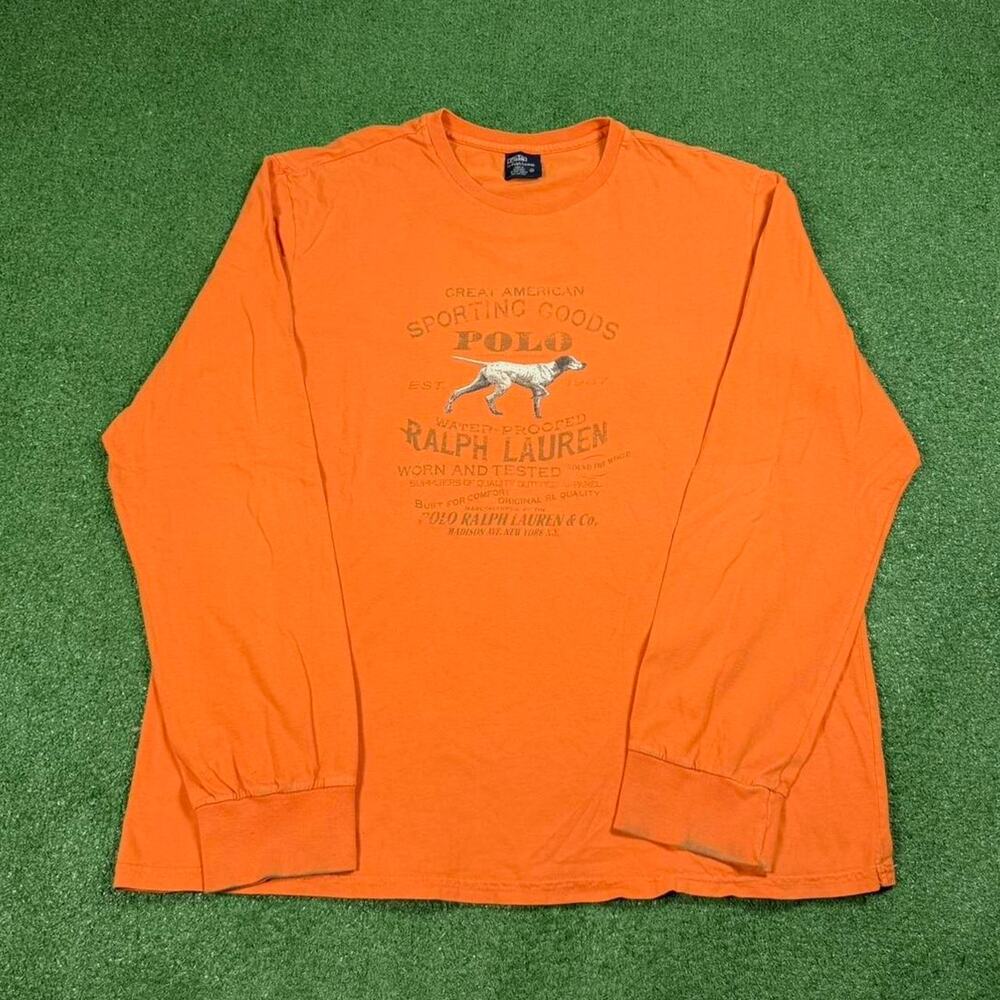 Polo Ralph Lauren Sporting Goods Long Sleeve Shirt Orange XL Y2K Hunting Dog - Picture 2 of 7